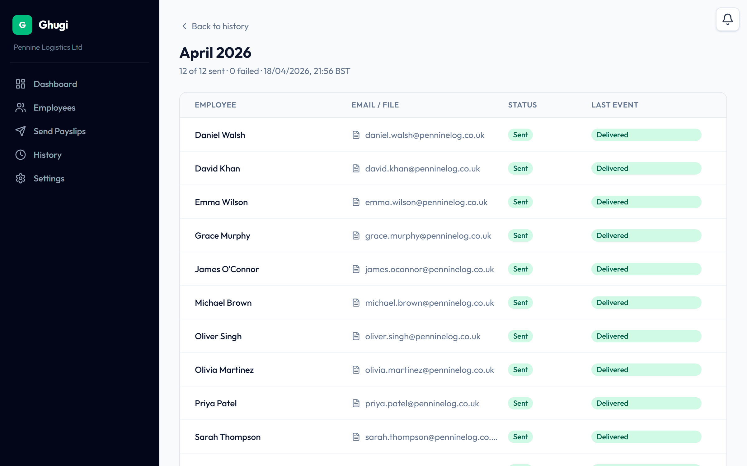 Audit trail screen showing timestamped send-log entries with recipient email, status, and SMTP response
