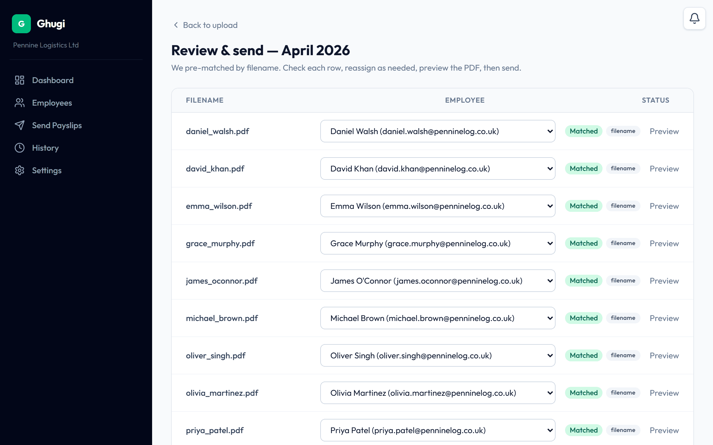 Review screen showing 12 payslips auto-matched to employees with confidence scores and a send button