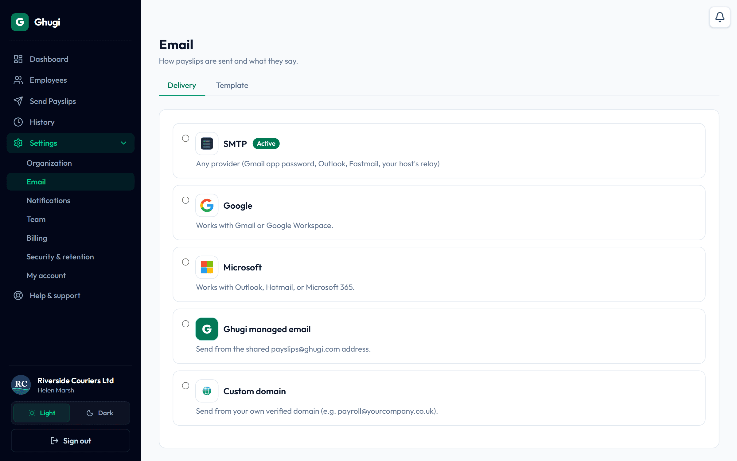 Email send-method picker showing five cards — SMTP active, Google one-click connect, Microsoft one-click connect, Ghugi managed email, and Custom domain