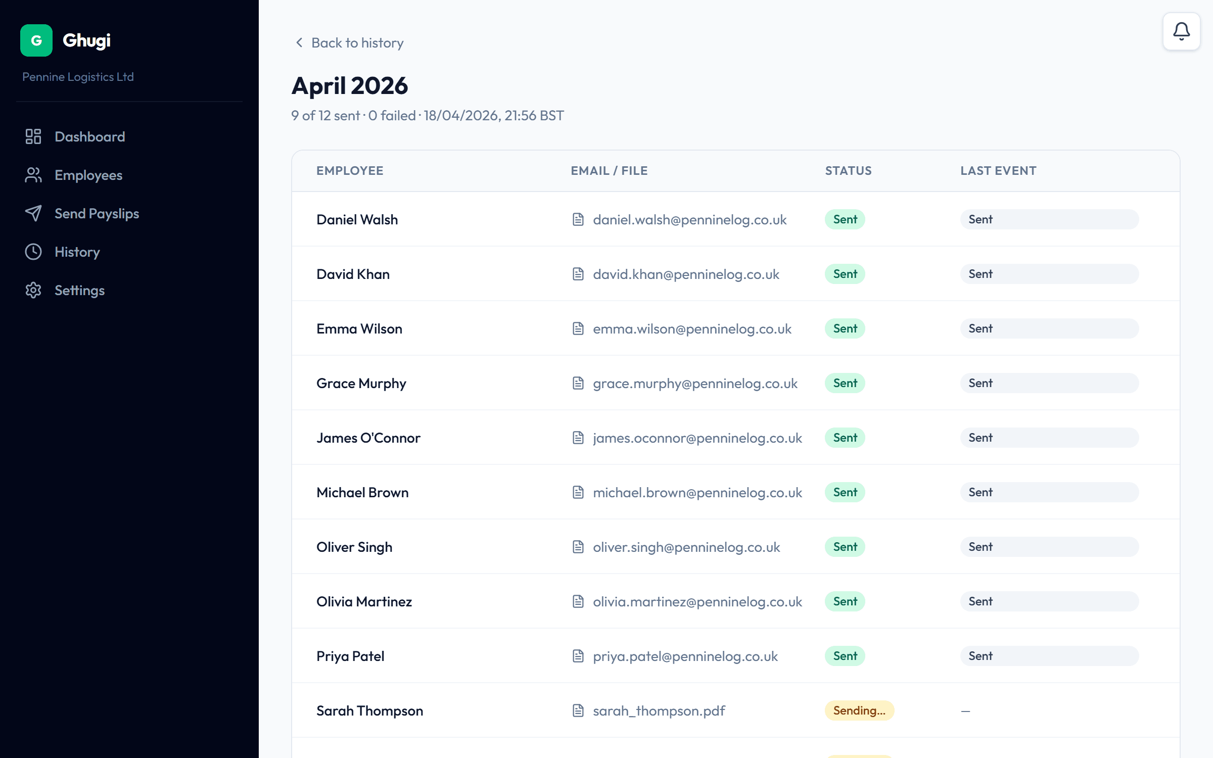 In-flight delivery screen showing progress bar, real-time status per payslip, and 9 of 12 sent
