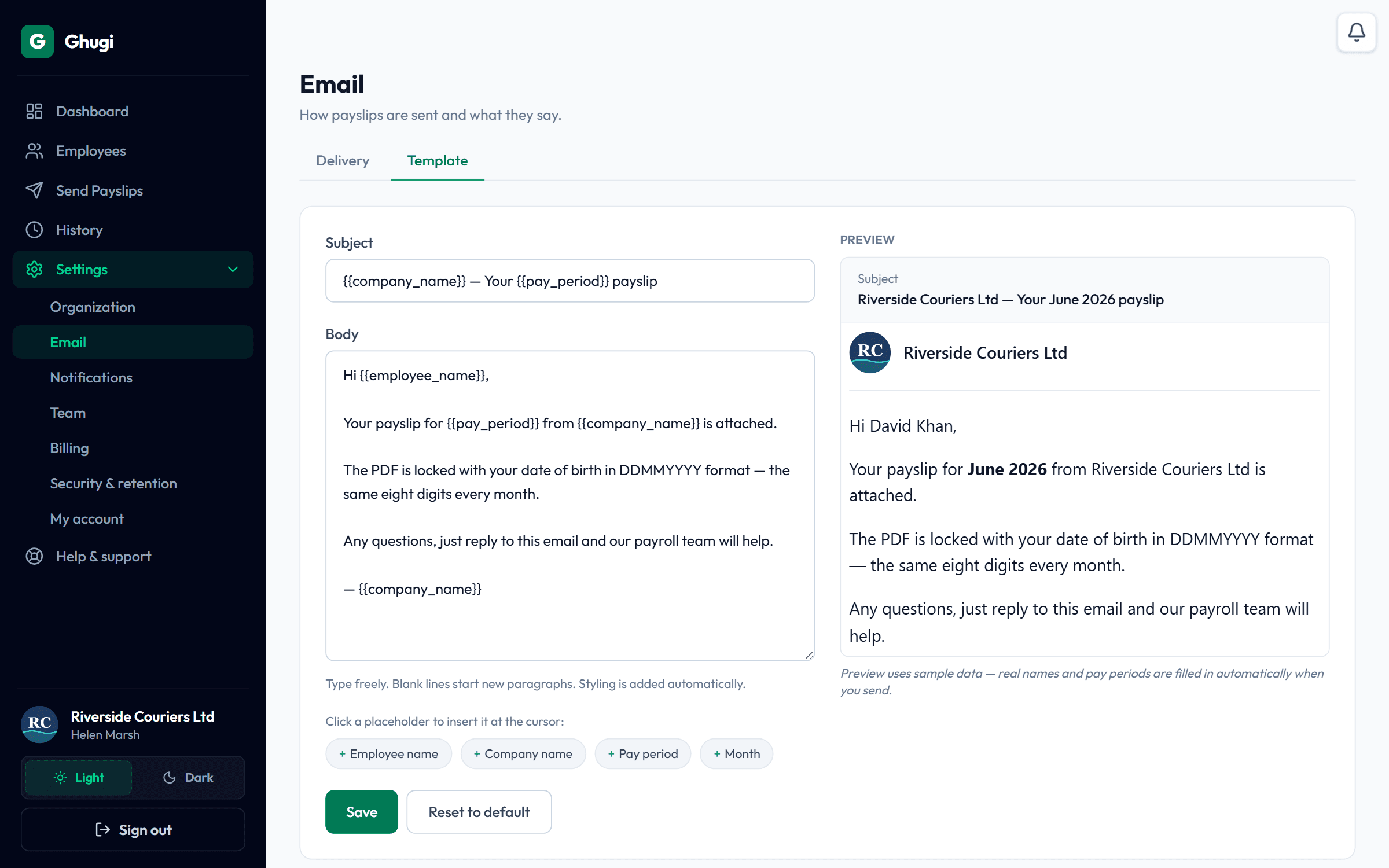 Custom email template editor showing subject and body fields with {{employee_name}}, {{pay_period}}, and {{company_name}} placeholder tags, alongside a live preview pane rendering the email