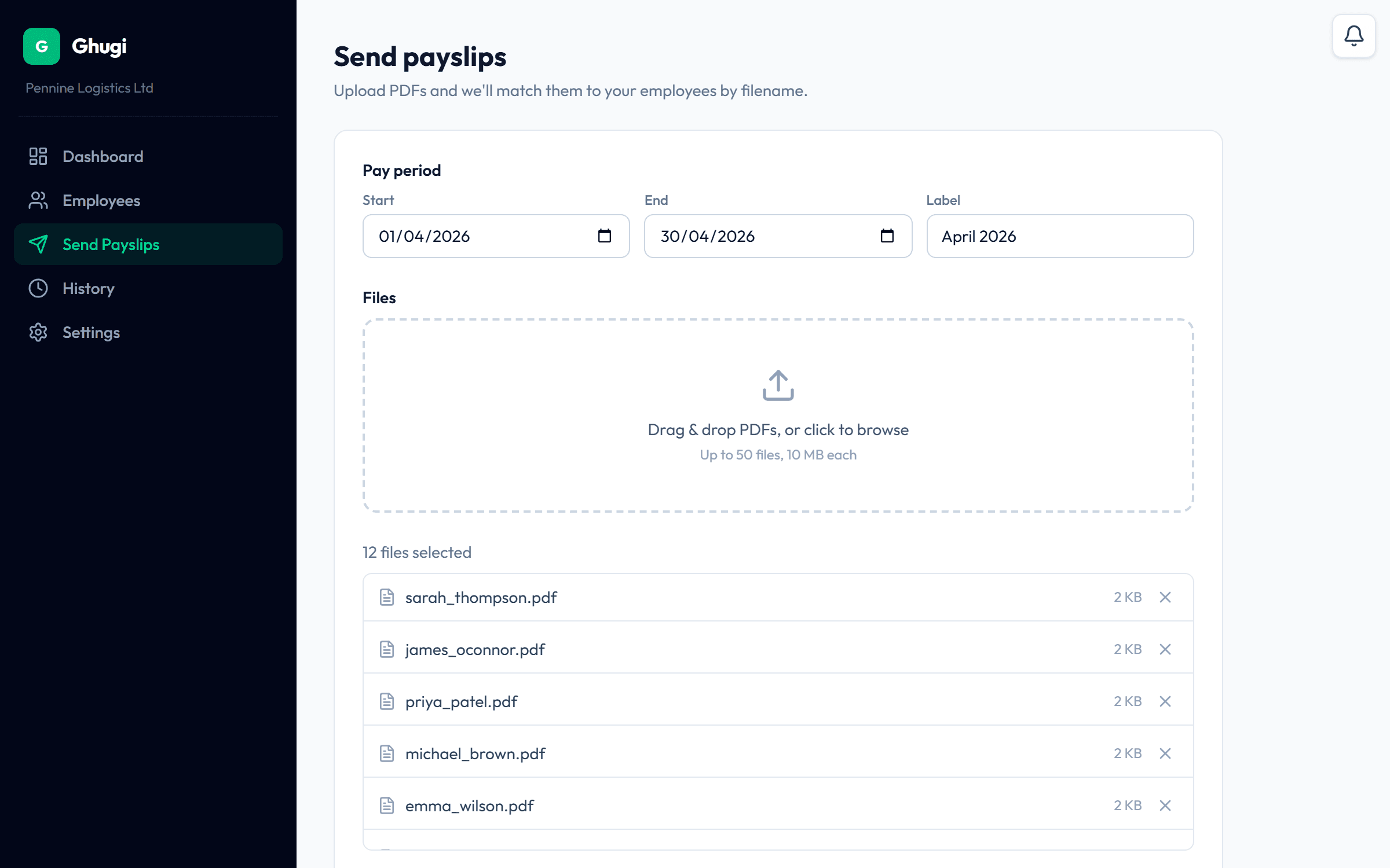 Upload screen showing drag-and-drop PDF dropzone with 12 payslip files ready for matching